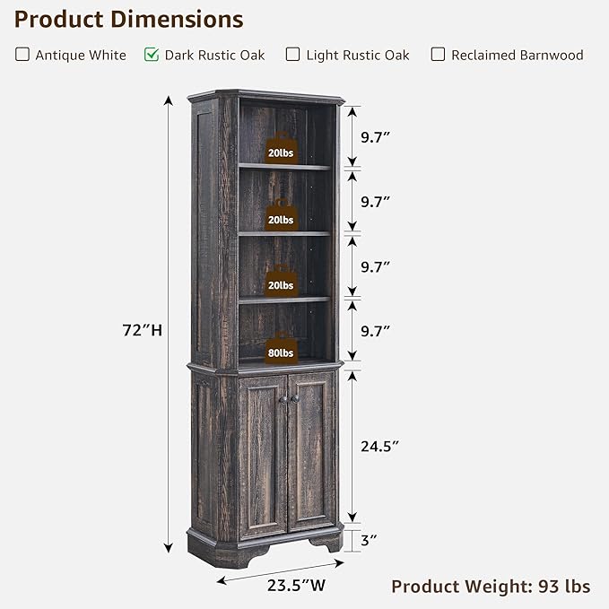 OKD 6-Tier Bookcase with Doors, 72" Tall Farmhouse Bookshelf with Storage & Adjustable Shelves, Wooden Floor Standing Display Book Shelf Organizer for Home Office, Dark Rustic Oak