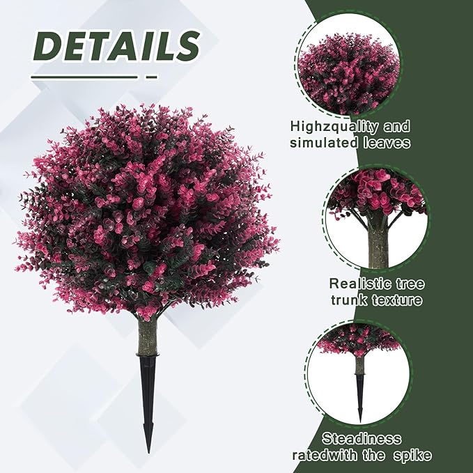 Pair(2) Artificial Rose Boxwood Topiary Ball Bush for Outdoor with Ground Spike,28" UV Resistant Faux Boxwood Ball Tree, Fake Rose Boxwood Plants for Garden, Yard, Porch, Patio Decor