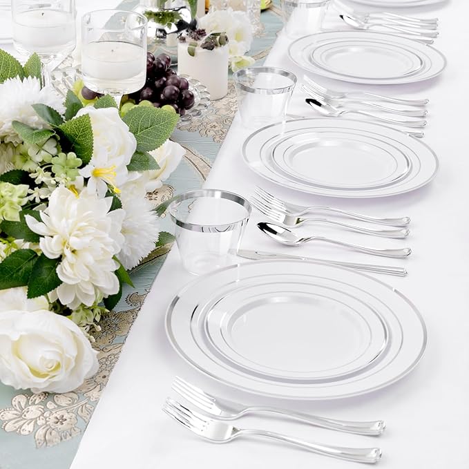 150 PCS Silver Disposable Dinnerware Set for 25 Guests, Silver Plastic Plates for Party, Including 25 Dinner Plates, 25 Salad Plates, 25 Cups, 25 Forks Knives Spoons for Wedding and Party Supplies
