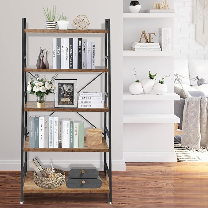 5 Tier Ladder Bookshelf, Heavy Duty Rustic Brown Wood and Metal Bookcase with 1.2" Thick Shelves, 63" H x 30" W x 14" D, Industrial Open Storage Shelving for Living Room, Bedroom, Kitchen
