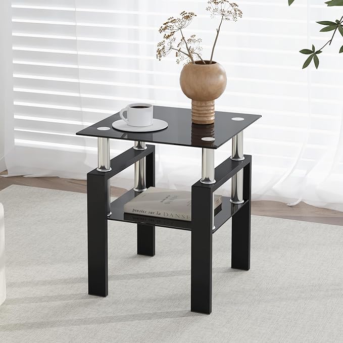 IANIYA Modern Glass End Table, 2-Tier Side Table with Tempered Glass Top & Metal Legs, Night Stand Corner Table for Living Room, Bedroom, All Black