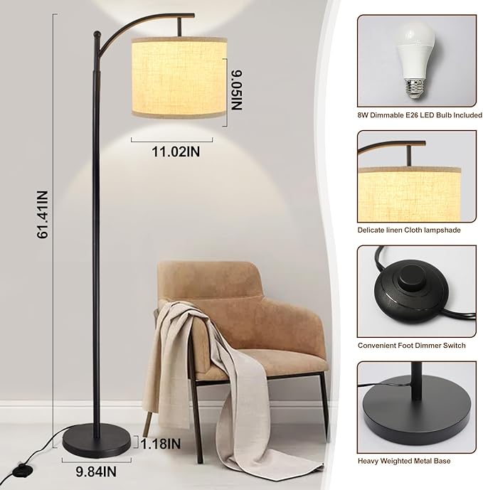 DLLT Modern Arc Floor Lamp, Farmhouse Standing Floor Lamps with Lantern Lampshade, Industrial Tall Reading Light for Bedroom Living Room Office Study, 3 Color Temperatures, Black, 8W Bulb Included