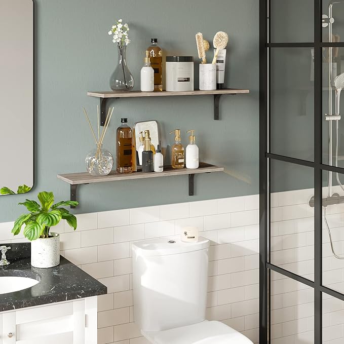 DINZI LVJ Long Wall Shelves, 31.5 Inch Wall Mounted Shelves Set of 2, Easy-to-Install, Wall Storage Ledges with Sturdy Metal Brackets for Living Room, Bathroom, Bedroom, Kitchen, Greige