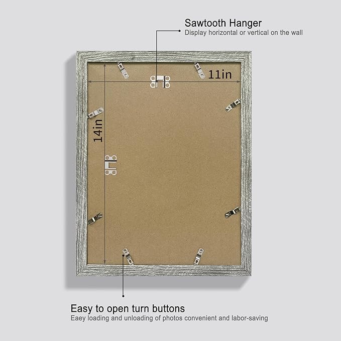11x14 Picture Frame Set of 2, Made of Glass and Rustic Grey Wooden Frame, Display 8x10 Pictures with Mat or 11 x 14 Posters without Mat for Wall Mounting, Gallery Photo Frames