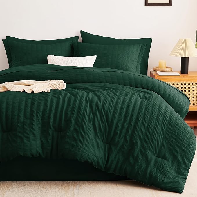 CozyLux Full Size Comforter Sets with Sheets Seersucker 7 Pieces Emerald Green Bed in a Bag Textured Luxury Soft Bedding Set with Down Alternative Comforter, Sheets, Pillowcases & Shams for All Season