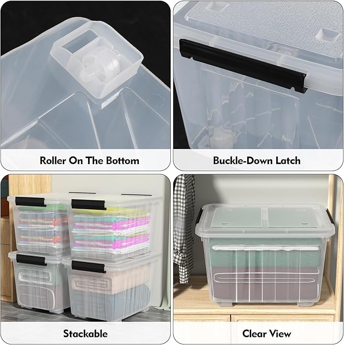 4-Pack 30 L Plastic Storage Box, Large Storage Bin with Wheels