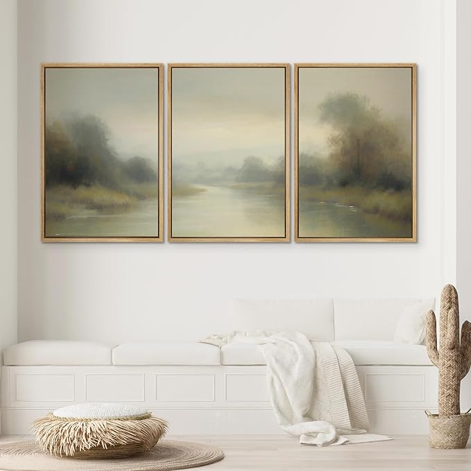SIGNWIN Framed Wall Art Print Set Misty River Landscape Soft Neutral Nature Scene Photography Modern Art Closeup Relax/Calm Dark for Living Room, Bedroom, Office - 24"x36"x3 Natural