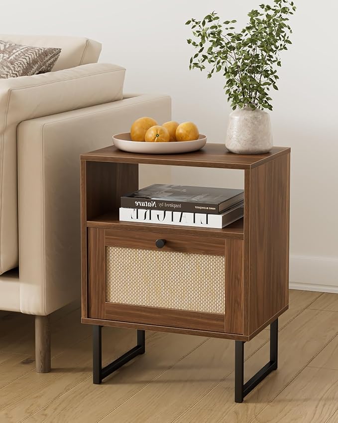 Rattan Nightstand, Boho Night Stand Farmhouse Wood Bedside Table with Storage and Open Shelf, End Side Accent Table for Bedroom,Living Room,Walnut