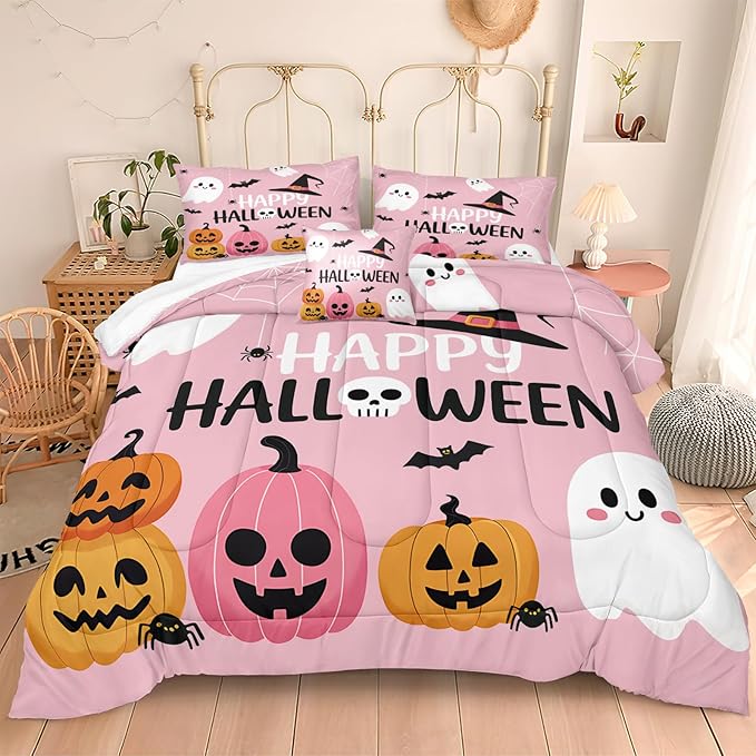 Pumpkin Ghost Comforter Set Girls Pink Bedding Set Orange Pumpkin White Ghost Bat Spider Cute Cartoon Bedding Kids Teens Happy Halloween Bed Set Queen Size