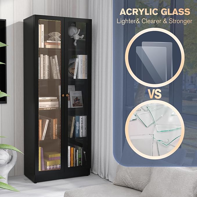 5 Tier Metal Curio Cabinets,Modern Bookcase with Acrylic Door and 4 Adjustable Shelves, 70.87 Inch Tall Storage Display Case, Dust Proof Display Cabinet for Home Office, Living Room