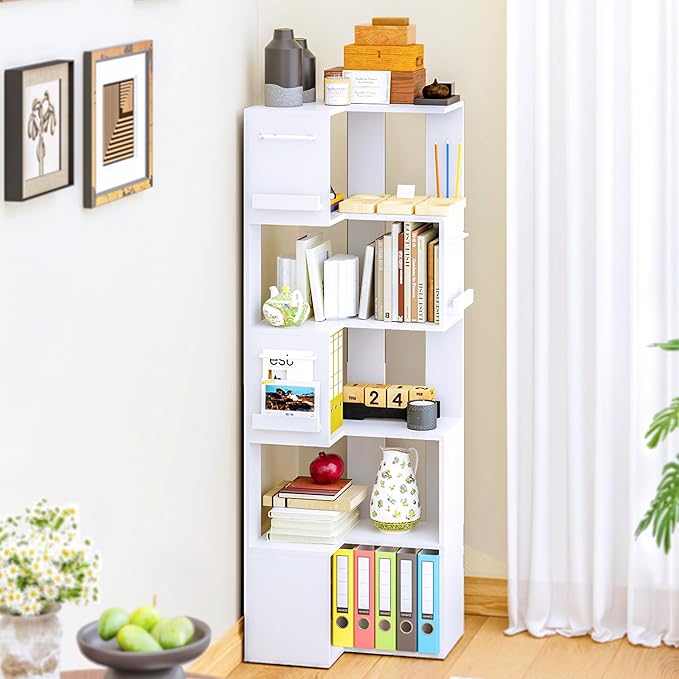 PPAMAPIC 5 Tier Corner Bookshelf, 63" Tall L Shaped Bookcase, Corner Cabinet, Wood Grain Shelf Display Rack for Kitchen, Bedroom, Living Room (White)