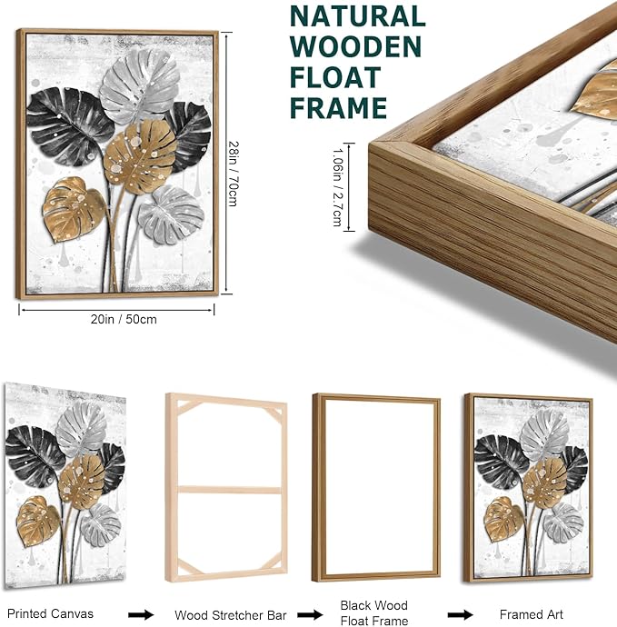 Large Framed Canvas Wall Art - Natural Float Framed Black Brown Gray Leaf Pattern Pictures Decor Rustic Foliage Plants Artwork for Living Room Bedroom Kitchen Home Office Decoration 60" X 28" Set of 3