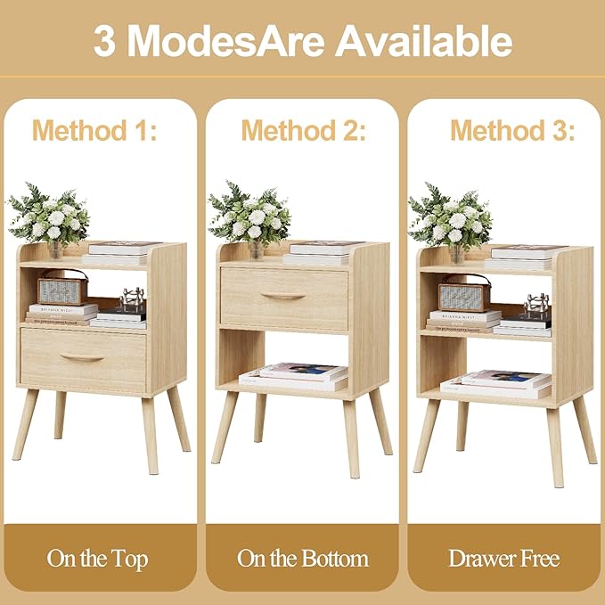 NightStand with Open Shelf,Night Stand with Drawer Storage Side Tables End Table,Bedside Table with Solid Wood Feet,Mid Century Night Stands for Bedroom Sofa Couch Small Spaces (Natural)