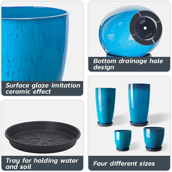 ZMTECH 24/21/12/10" H Large Plastic Planters with Drainage Hole & Saucer, Set of 4 Tall Plant Pots for Indoor/Outdoor Use, Gradient Blue Glossy Smooth Flower Pot for Front Porch Patio Garden