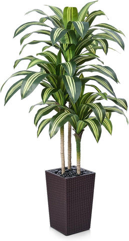 Artificial Dracaena Tree 5ft – UV Resistant Tall Fake Plant with Large Taper Planter & Pebbles– Large Potted Faux Tree for Indoor & Outdoor, Living Room, Office, Porch, Home Decor, VN127