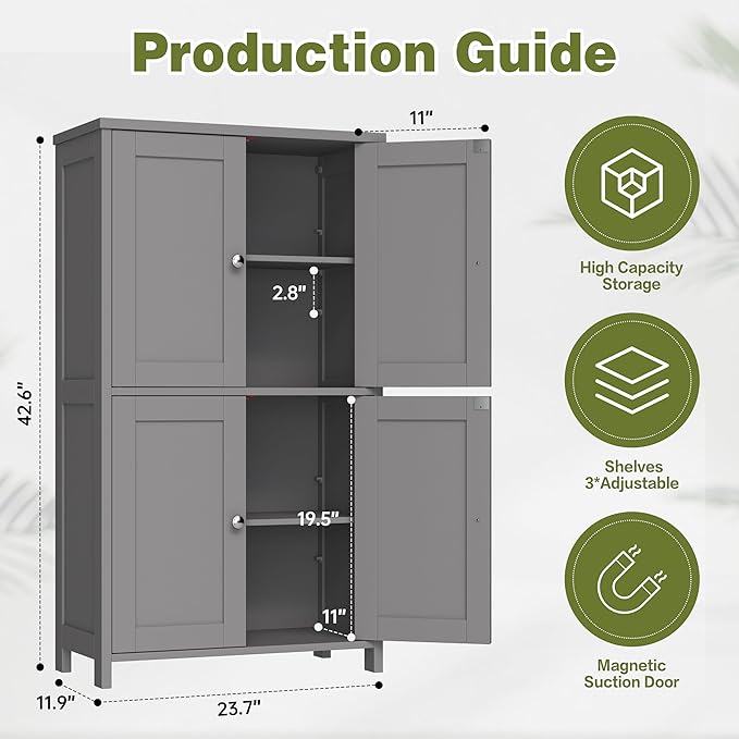 Nuturelly Bathroom Floor Storage Cabinet, Freestanding Pantry Cabinets with 4 Doors & 3 Adjustable Heights, Bathroom Organizers and Storage with Top Board & Metal Handles for Kitchen, Grey