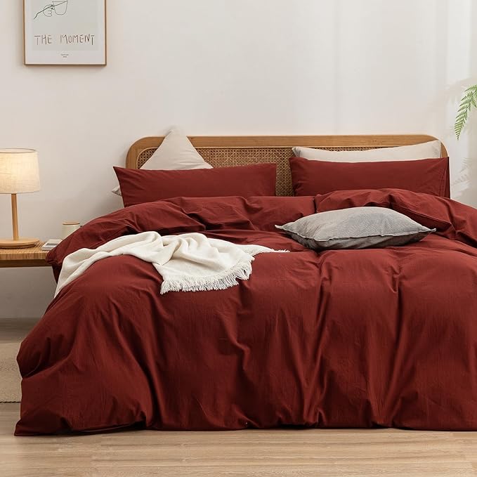 BESTOUCH Duvet Cover Set 100% Washed Cotton Linen Feel Super Soft Comfortable Chic Lightweight 3 PCs Home Bedding Set Solid Fired Brick Red Queen