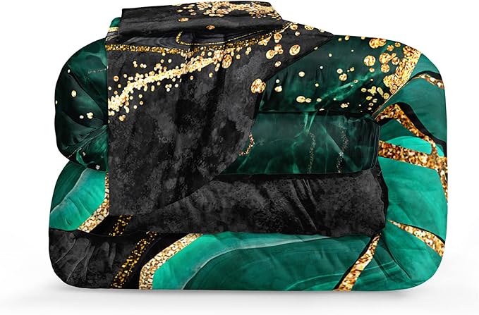 Queen Comforter Set Emerald Green, Marble Bedding Comforter Set, Metallic Foil Print Black Gold Bedding Dark Green Abstract Modern Comforter Set