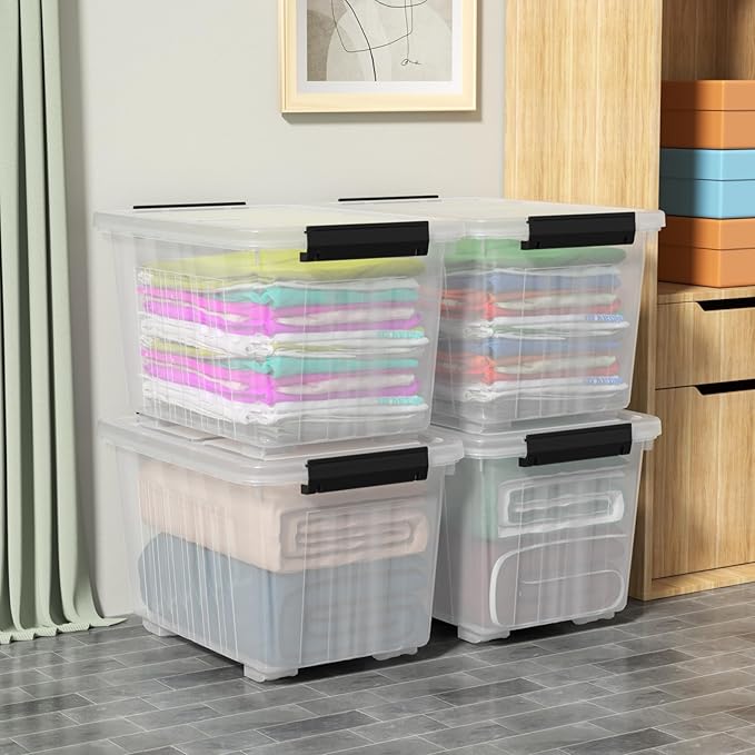 4-Pack 30 L Plastic Storage Box, Large Storage Bin with Wheels