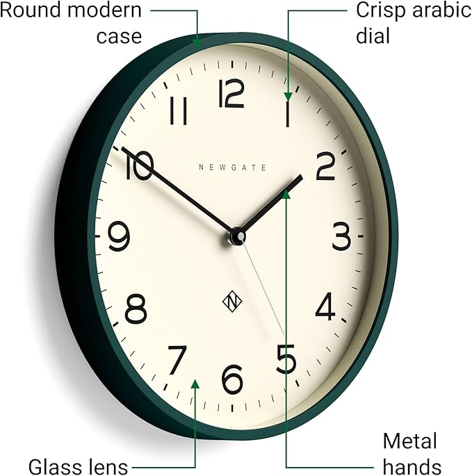 NEWGATE® Number Three Echo Wall Clock | Modern Round Clock | 14.5 inch | Eden Green | Easy to Read Numbers | Ideal for Kitchen, Living Room or Office