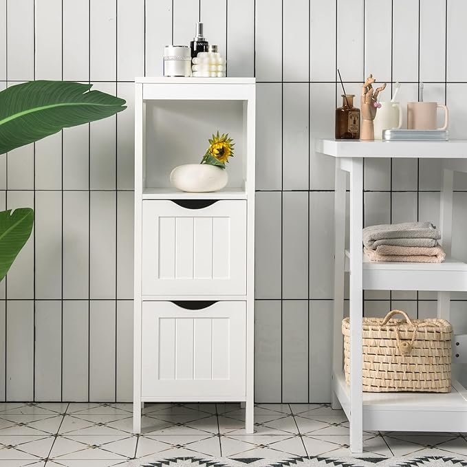 Tangkula Small Bathroom Storage Cabinet with 2 Removable Drawers, Wood Freestanding Floor Cabinet for Bathroom, Anti-Tipping Device, Side Corner Cabinet for Small Spaces (White)