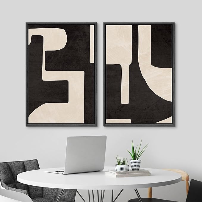 MUDECOR Framed Canvas Print Wall Art Black & White Geometric Paint Stroke Decor Abstract Nature Illustration Modern Art Decorative Multicolor Geometric Minimal for Bedroom - 24"x36"x2 Black
