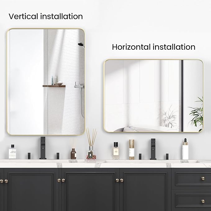 Bathroom Mirror 22x30 inch, Rustproof Aluminum Metal Framed Mirror for Wall, Matte Gold Bathroom Vanity Mirror, Shatterppoof Mirror, Living Room, Hanging or Leaning Horizontal or Vertical