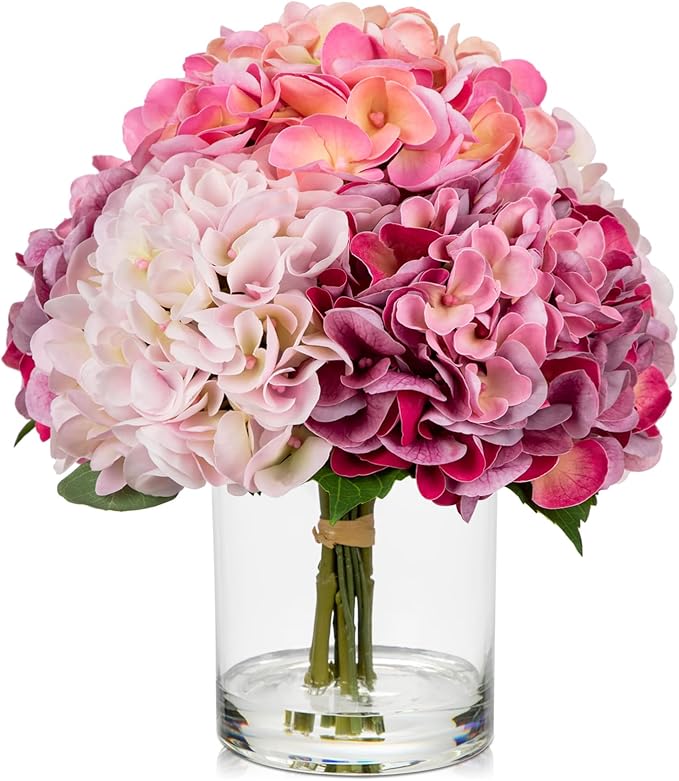 Hollyone Real Touch Pink Hydrangea Artificial Flowers in Vase Latex Large Faux Hydrangea Flowers Arrangements Hydrangeas Fake Flower with Glass Vase with Faux Water for Table Centerpiece Home Decor
