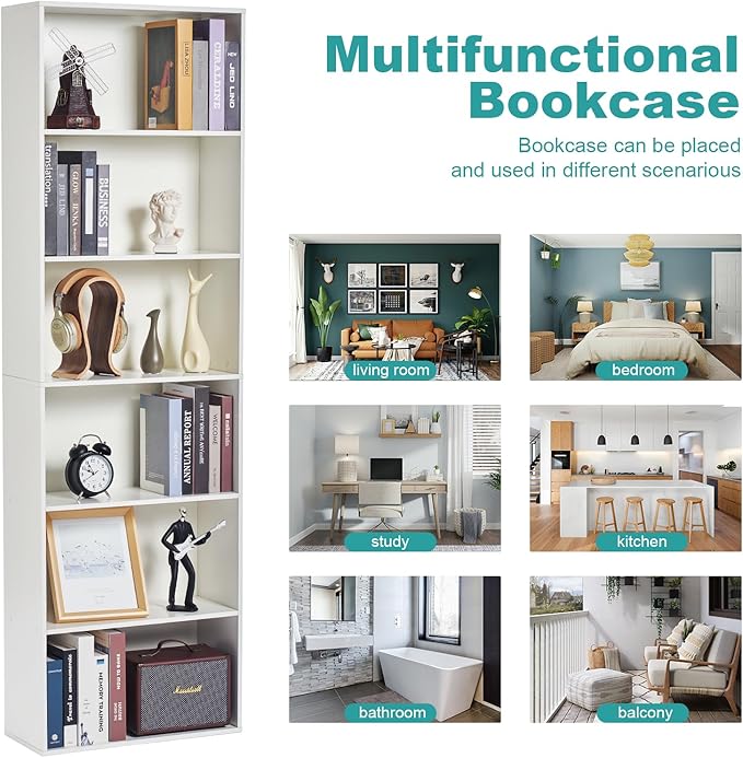 6-Tier Book Shelf, Floor Standing Open Bookcase, Wooden Display Storage Shelves with Anti-Tipping Device, 71" Tall Bookshelf for Bedroom, Living Room and Office, White