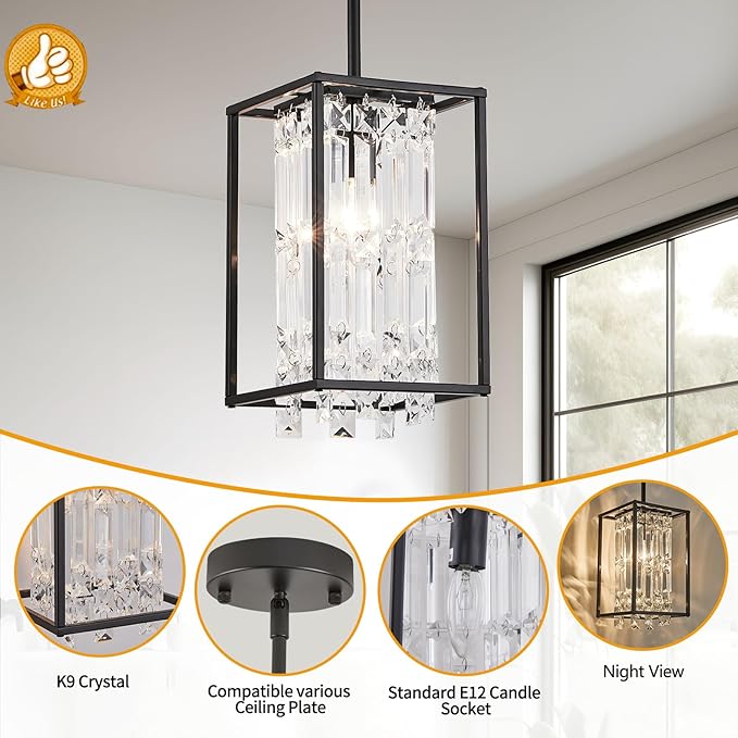 Modern Black Crystal Pendant Light Kitchen Island Dining Room entryway Haning Light Fixture