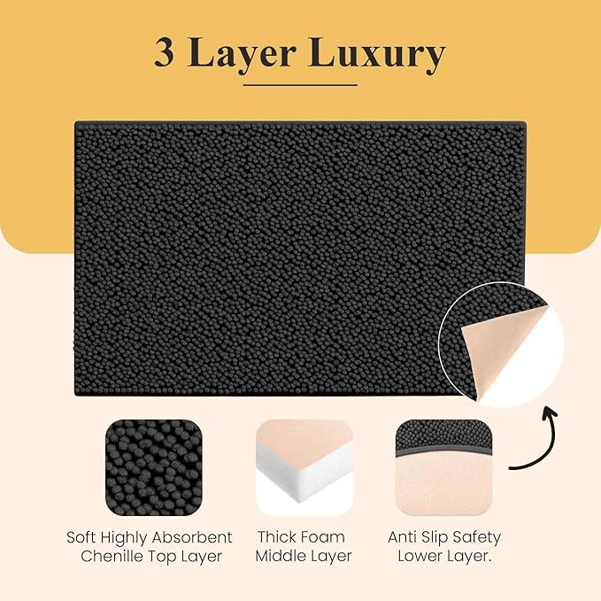 MAYSHINE Plush Shaggy Chenille Bath Mat | Extra Soft, Super Absorbent, Non-Slip Bathroom Rug | Fluffy Microfiber, Area Rug Sets for Bathroom Floor, Kitchen, Living Room | 32"x20" | Grey