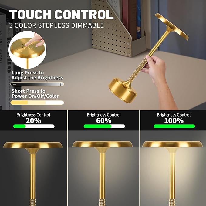 5200mAh Rechargeable Cordless LED Table Lamps Touch Sensor Light, 3-Levels Portable Dimming Wireless Battery Operated Lamp,Night Light/Restaurant Table/Outdoor/Coffee/Bar (Gold)