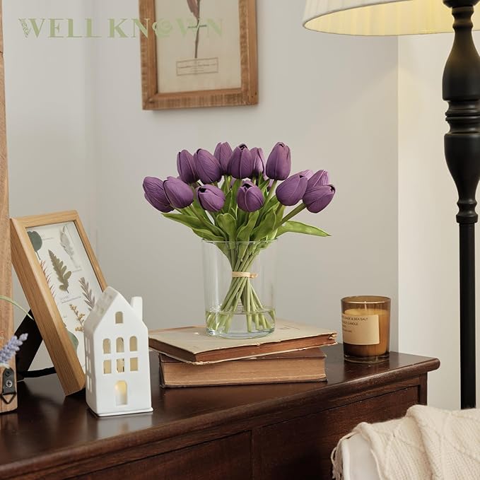 WELL KNOWN 20 Pcs Tulips Artificial Flowers in Vase, Real Touch Upgrate Purple Tulips Fake Flowers with Vase Flower Arrangements Artificial Centerpiece for Dining Room Table