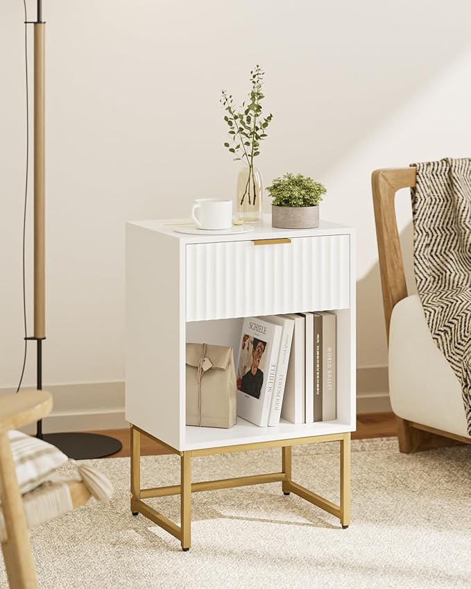 Masupu Fluted Nightstand,Modern Night Stand Wood Bedside Table with Storage Drawer Side End Table for Bedroom,Living Room,Office,White