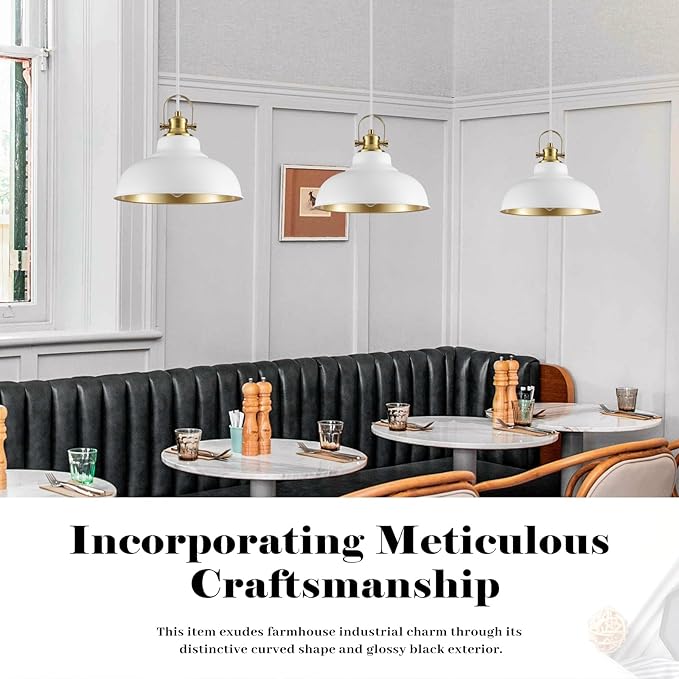 White and Gold Pendant Light, 11.41 Inch Dome Pendant Lights, Industrial Pendant Light Kitchen Island, Farmhouse Pendant Lights 2 Packs, Island Pendant Lights for Kitchen, Dining Room, Living Room