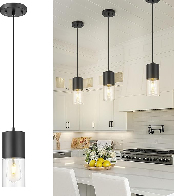 Black Pendant Lights Kitchen Island, Modern Hanging Lights Fixtures with Cylinder Clear Glass, Industrial Kitchen Pendant Lighting Over Island for Dining Room, AD-24023-1P-BK