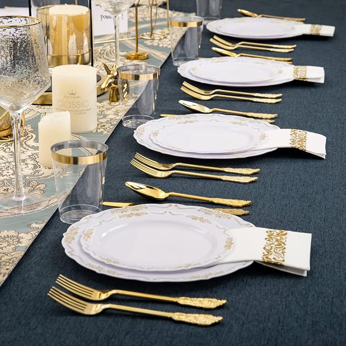 supernal 800pcs Gold Plastic Dinnerware Set,100pcs 10.25" Dinner Plates,100pcs 7.5" Dessert Plates,400 Gold Plastic Silverware,100 Cups,100 Napkins,100 Guest Tableware set