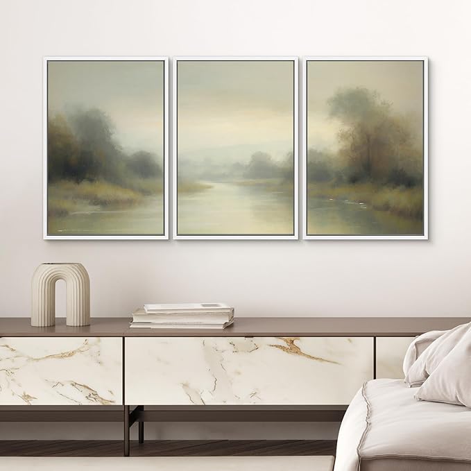 SIGNWIN Framed Wall Art Print Set Misty River Landscape Soft Neutral Nature Scene Photography Modern Art Closeup Relax/Calm Dark for Living Room, Bedroom, Office - 24"x36"x3 White