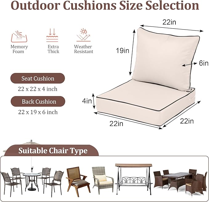 Waterproof Outdoor Chair Cushion Set of 4, 22x22x4 IN Deep Seat Patio Cushions with Fade Resistant Removable Cover,Outdoor Cushions for Patio Furniture w/ Ties&Handle for Chair Sofa Couch,Cream+Pipes