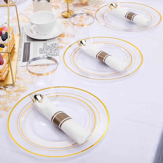 WELLIFE 210PCS Clear-Gold Plastic Plates - Dinnerware Sets for 30 Guests - 60 Disposable Plates, 90 Plastic Silverware, 30 Cups, 30 Napkins for Party