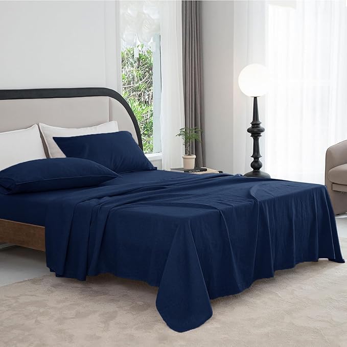 Talasily Linen Sheets- California King Size Sheets Set,Blend from Linen Cotton Bedsheets,All Seasons Soft Breathable 4 Piece Set-Navy Blue