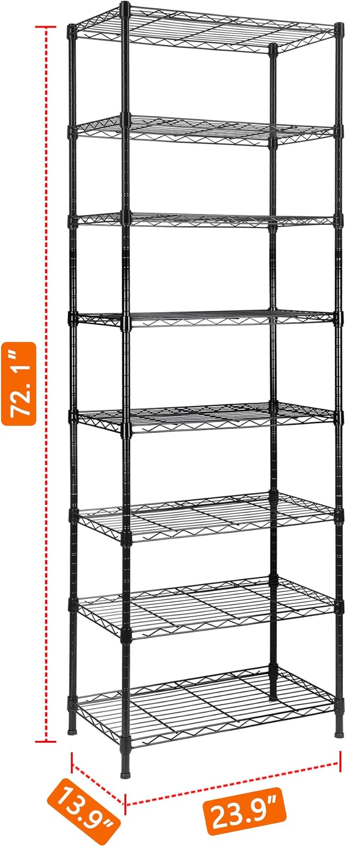 REGILLER 8-Wire Shelving Metal Storage Rack Adjustable Shelves,Standing Storage Shelf Units for Laundry Bathroom Kitchen Pantry Closet(Black,13.9" D x 23.9" W x 72.1" H)