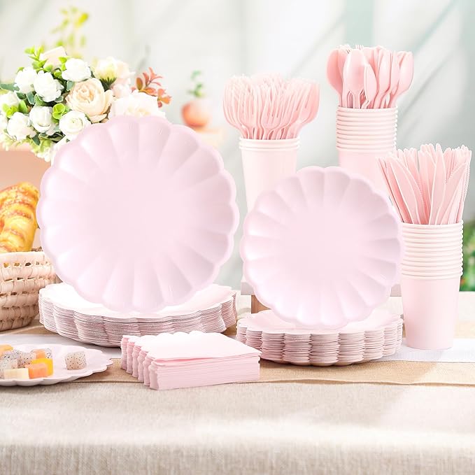 Newtay Light Pink Scalloped Paper Plates Shell Edge Disposable Tableware Cocktail Napkins Cups Plastic Spoons Forks Knives for Wedding Baby Shower Picnic Birthday Party Supply for 50 Guests