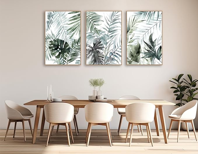 Large Framed Canvas Wall Art - Natural Float Framed Tropic Leaf Pictures Wall Art Prints for Living Room Decor Green Plants Artwork for Bedroom Kitchen Home Office Decoration 72" X 36" Set of 3