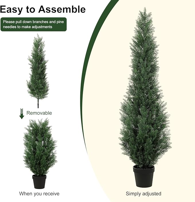 5FT Artificial Cedar Trees - Realistic Faux Evergreen Topiary Bushes Plants - Outdoor Potted Fake Cypress Shrubs for Front Porch Garden Home Decor - Set of 2