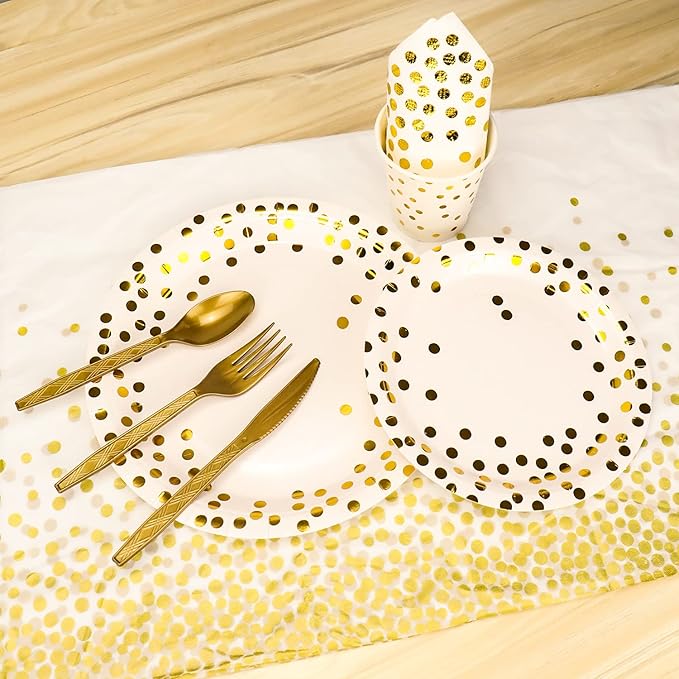 176 Pieces Gold Disposable Party Dinnerware Set &Golden Dot Disposable Party Dinnerware - Black Paper Plates Napkins Cups, Gold Plastic Forks Knives Spoons