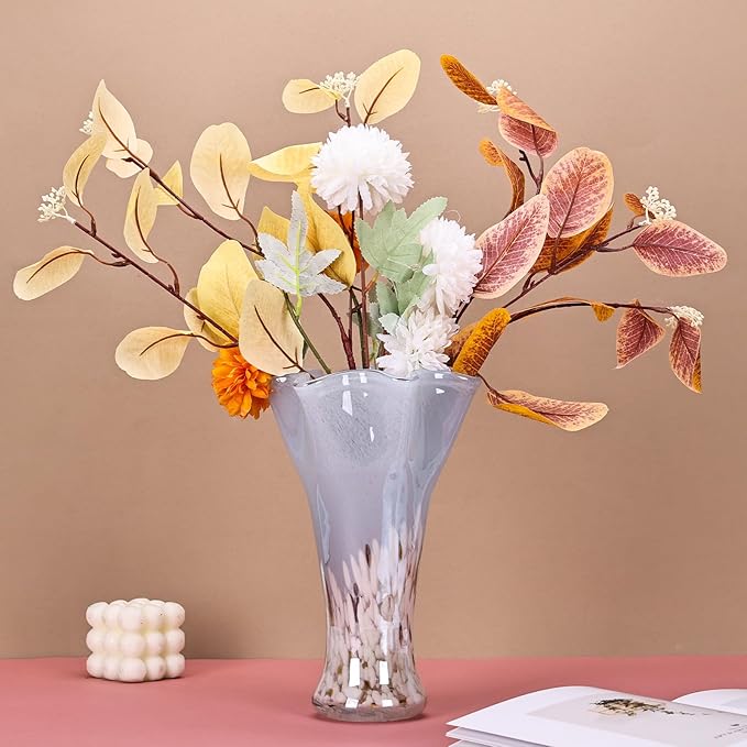 9.0"H Blue Glass Vases for Flowers, Unique Hand Blown Glass Vase Blue White Home Decor, Wide Mouth Colorful Flower Vase Centerpieces, For Living Room Table Bookshelf, Bathroom Office Shelf Decorative