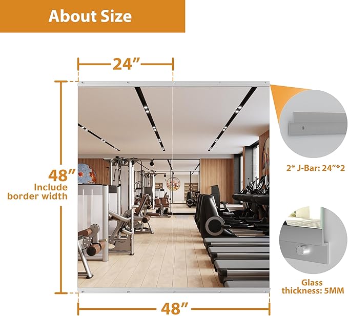 ROOMTEC Workout Mirrors for Home Gym 48"x24"-2PCS, Large Wall Mirror Full Length for Fitness, Yoga, Big Wall Mounted Frameless Glass Mirror for Garage, Dance Studio, Bedroom