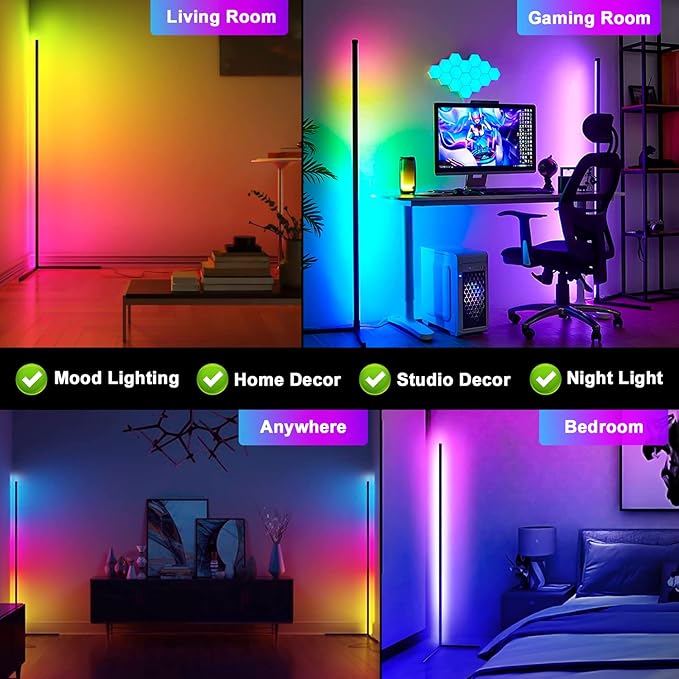 Corner Floor Lamp, Smart Adiust RGB LED Lights with 20Million Colors & 800+ Modes, Music Sync, Timer Setting.Bluetooth App & Remote Control - ldeal for Living RoomsBedrooms, and Gaming Rooms