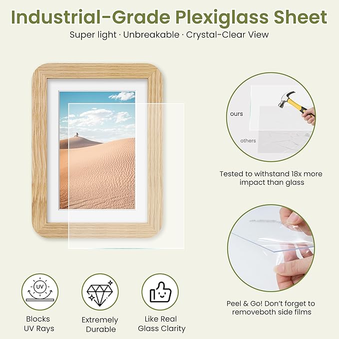 5x7 Round Corner Picture Frame, Solid Oak Photo Frame Matted For 4x6 With Plexiglass, Ready To Hang On Wall Or Stand As Tabletop Framing, Natural Oak, 3 Pack